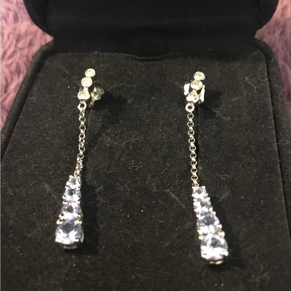 Vintage 10K White Gold Tanzanite & Diamond Accent Dangle Earrings - Picture 3 of 12